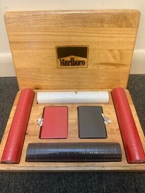 Vintage Marlboro-branded Poker Set Housed in a Wooden Oak Box